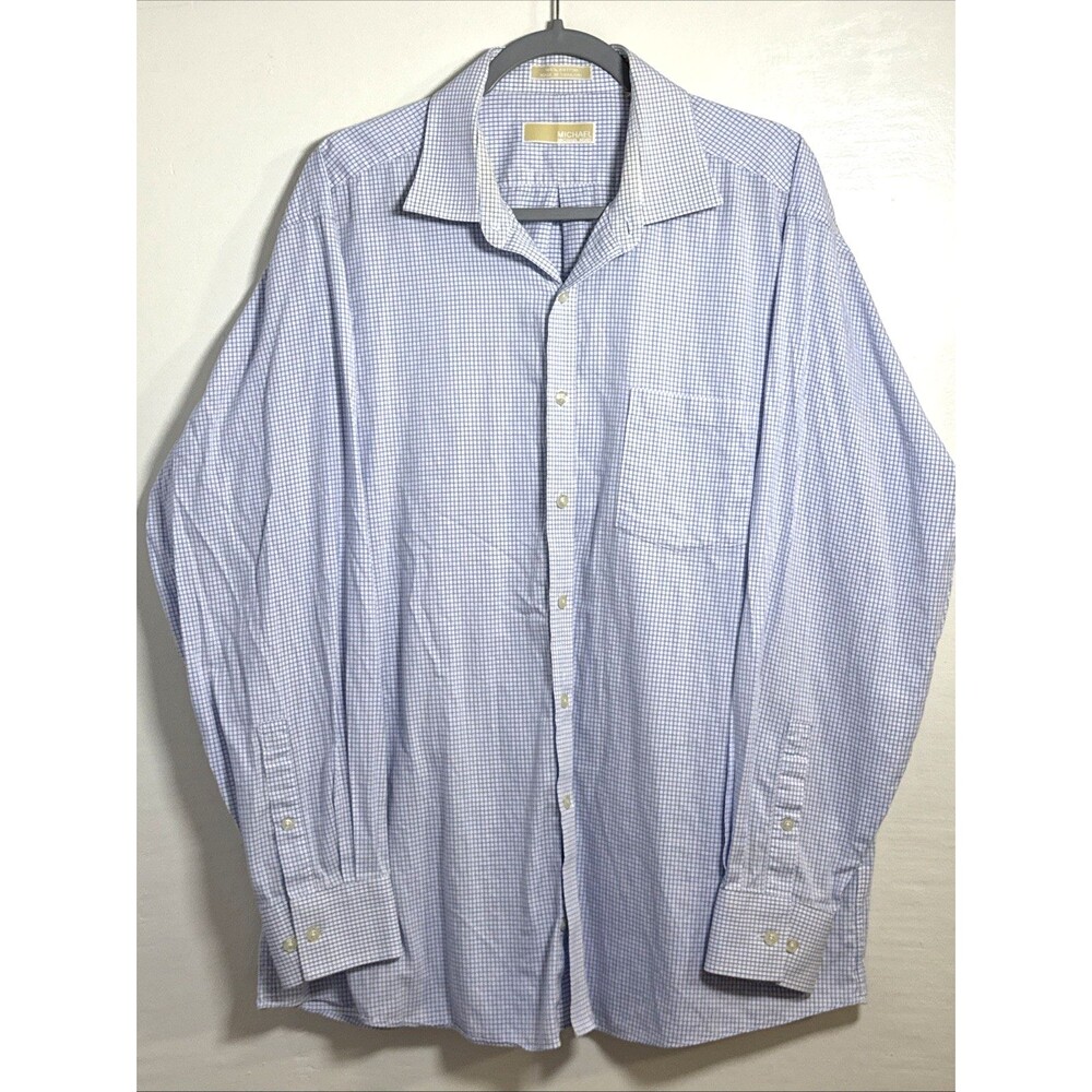 Michael Kors Mens Regular Fit Blue Check Long Sleeve Button Up Shirt 17.5  34/35